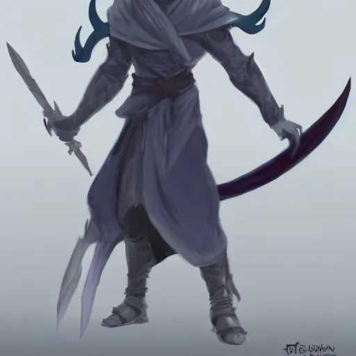 Image similar to D&D character concept art of a cloaked tiefling, tiefling rogue, blue skin color with short horns and a devil tail, fighting pose of a Rogue holding daggers, black cloak hidden in shadows, full body pose, soft colors, fantasy, intricate, elegant, highly detailed, digital painting, artstation, concept art, smooth, sharp focus, illustration, wide angle shot, full body visible, art by artgerm and H R Giger and alphonse mucha