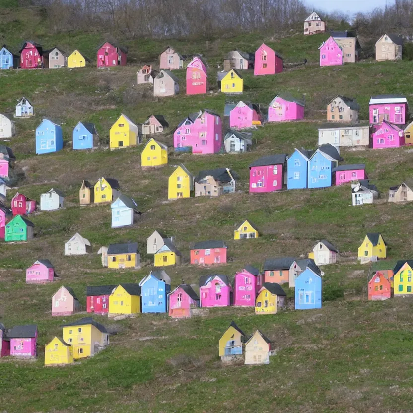 Image similar to little boxes on the hillside little boxes made of ticky tacky little boxes on the hillside little boxes all the same there's a pink one and a green one and a blue one and a yellow one, children's pencil drawing