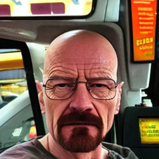 Prompt: Walter White at mcdonalds selfie