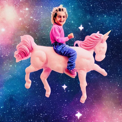 Prompt: lil pump riding a pink unicorn in space, cinestill 8 0 0 t, award winning photograph