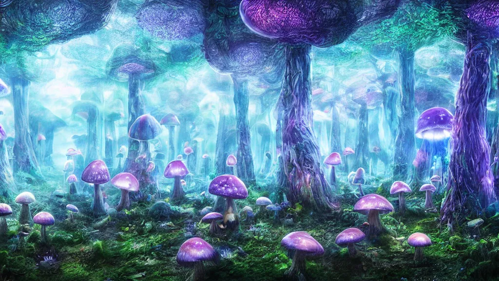 Image similar to exploring a mushroom forest, 8k, acid trip, hall of mirrors, ultra detailed, a hyperrealistic image of a mycelium forest with neon glowing mushrooms, with magical creatures, by tian gan, trending on patreon, artstation, deviantart. Unreal engine
