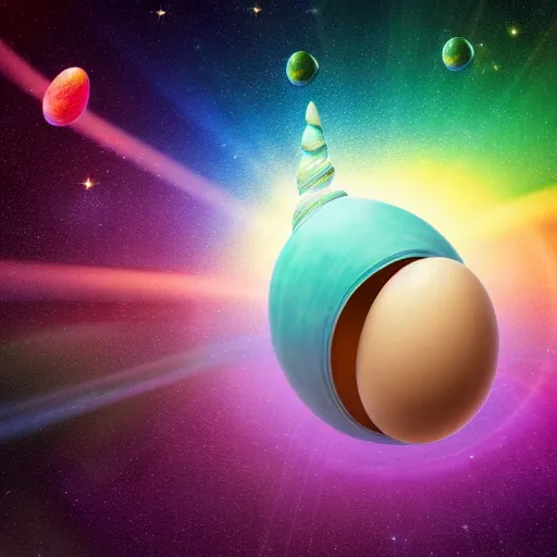 Image similar to a unicorn hatching out of an egg in outer space with rainbow nebula