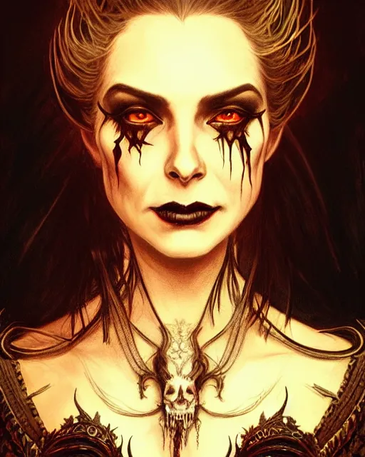 Image similar to full body portrait of an evil queen, dark magic, beautiful face, attractive young woman,heroic pose, full body, dramatic lighting, dark and horror, dust and blood, intricate, wild, highly detailed, digital painting, artstation, concept art, smooth, sharp focus, illustration, art by artgerm and greg rutkowski and alphonse mucha, footage from space camera