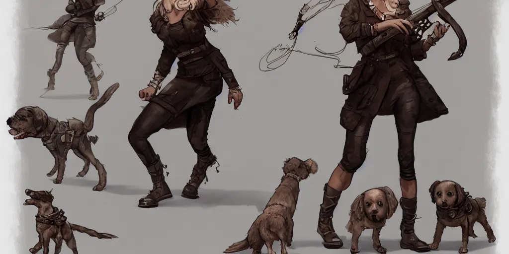 Image similar to cartoonish jeniffer lawrence jamming with her dog, character sheet, fine details, concept design, contrast, kim jung gi, greg rutkowski, trending on artstation, 8 k, full body, turnaround, front view, back view, ultra wide angle