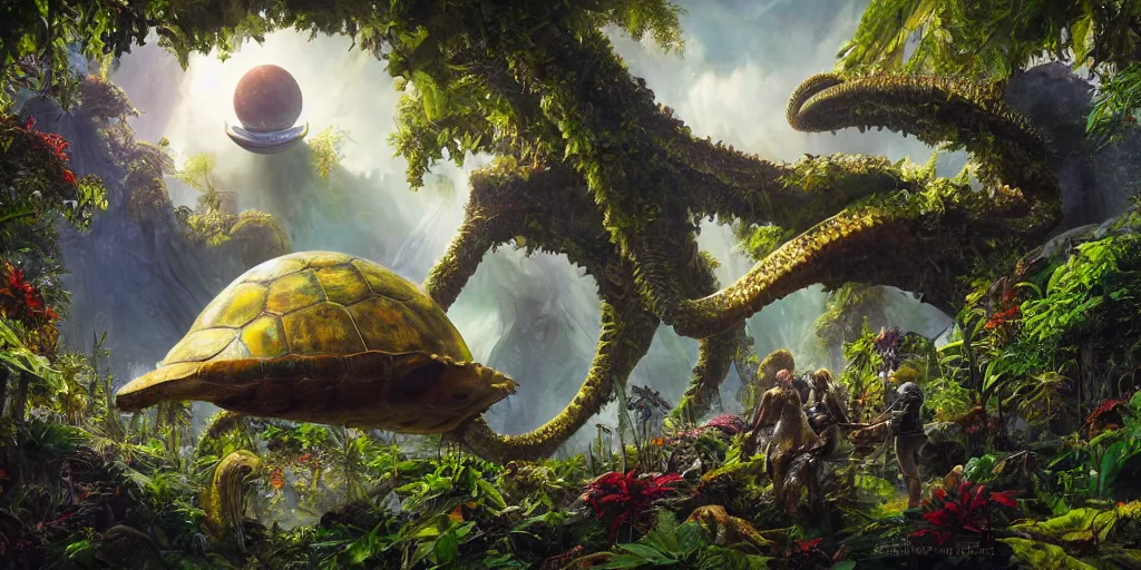 Image similar to fantasy oil painting, klattu's spacecraft, outer worlds, great leviathan, turtle cephalopod terrapin reptilian pachyderm amphibian hybrid, rainforest mountains, lush plants flowers, epic natural light, bright clouds, luminous sky, bright cinematic key lighting, michael cheval, michael whelan, vray, 8 k hd