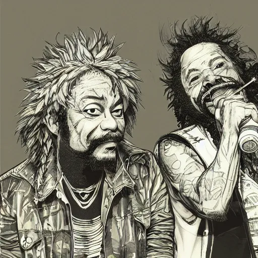 Image similar to portrait of cheech and chong smoking weed, smoke, concept art, sumi - e style, intricate linework, artstation, trending, highly detailed, smooth, focus, art by yoji shinkawa,