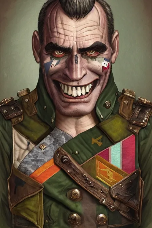 Image similar to nineteenth century style portrait of a middle aged half orc with a bemused smile on his face. dressed in a patchwork military uniform jacket with cut sleeves, runic arm tattoos, sharp focus, illustration, digital painting, art by magali villeneuve