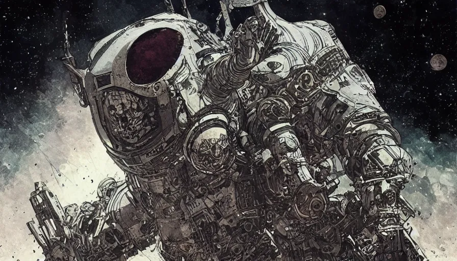 Image similar to Knights Templar wearing space power suit concept art, pen and ink, intricate line drawings, by John Harris, Emil Melmoth, Craig Mullins, yoji shinkawa, artstation, moebius comic, Marc Simonetti, lan McQue, Kentaro, Miura, hyper detailed, cinematic