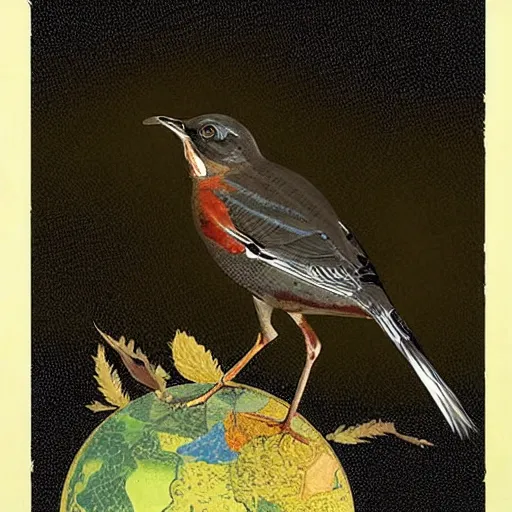 Image similar to a thrush bird wandering within the virtual realms of urban informatics and computational social science, artwork by dave mckean and ivan shishkin