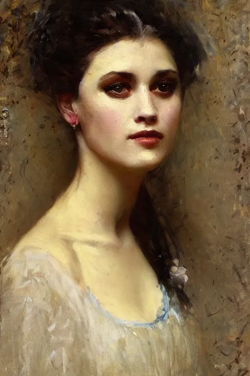 Prompt: Solomon Joseph Solomon and Richard Schmid and Jeremy Lipking victorian genre painting full length portrait painting of a young beautiful woman victorian famous actress