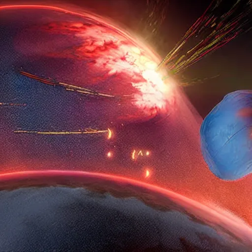 Image similar to planet collision, huge explosions, hyper realistic, detailed