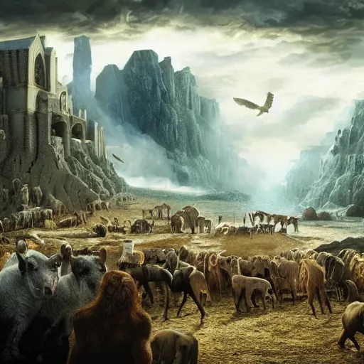 Image similar to an extremely detailed matte painting of the animals leaving noah's ark, 4 k, noah from the bible as a wizard, antediluvian, in the style of epic fantasy