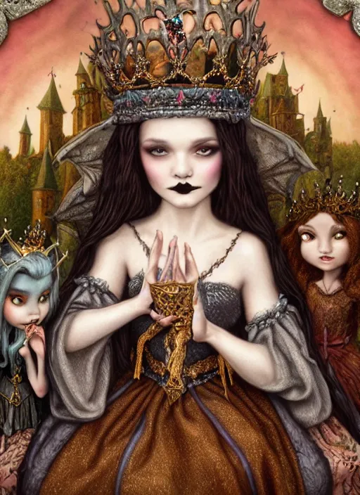 Prompt: highly detailed closeup portrait of a goth fairytale medieval princess wearing a crown and sitting on a throne, surrounded by cute medieval goblins, unreal engine, nicoletta ceccoli, mark ryden, earl norem, lostfish, global illumination, god rays, detailed and intricate environment