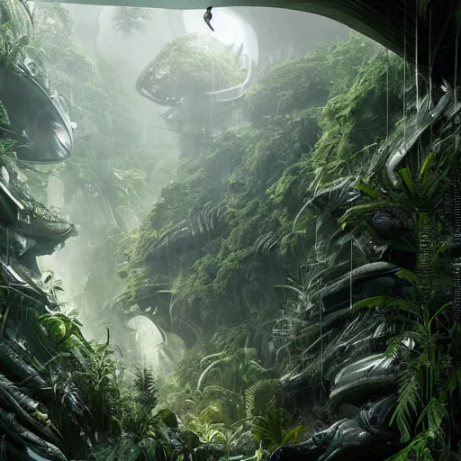 Prompt: epic, ultra detailed, hyper - real alien jungle by greg rutkowski inside the movie matrix by zaha hadid