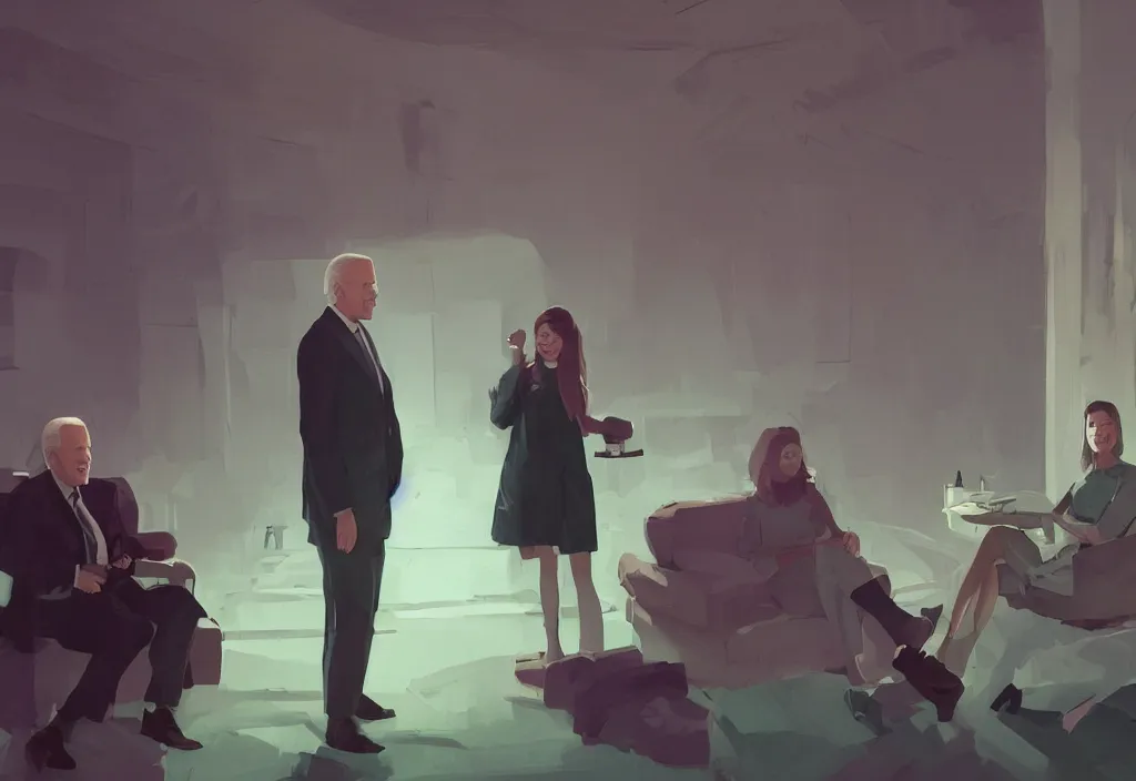 Image similar to portrait of joe biden talking with anya taylor - joy, epic debates, presidental elections candidates, cnn, fox news, fantasy, by atey ghailan, by greg rutkowski, by greg tocchini, by james gilleard, by joe gb fenton, dynamic lighting, gradient light green, brown, blonde cream, salad and white colors in scheme, grunge aesthetic