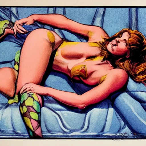 Image similar to playful by neal adams. a body art of a woman reclining on a bed.