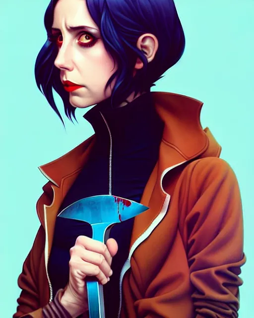 Image similar to loish, artgerm, Joshua Middleton art, Rafeal Albuquerque, pretty Alison Brie serial killer holding bloody knife in right hand realistic hand, blood on clothes and face, sarcastic smile, symmetrical eyes, symmetrical face, jean jacket, jeans, short blonde hair, middle shot, night time, deep blacks