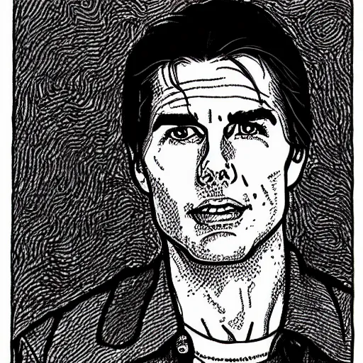 Image similar to a portrait drawing of Tom Cruise drawn by Robert Crumb