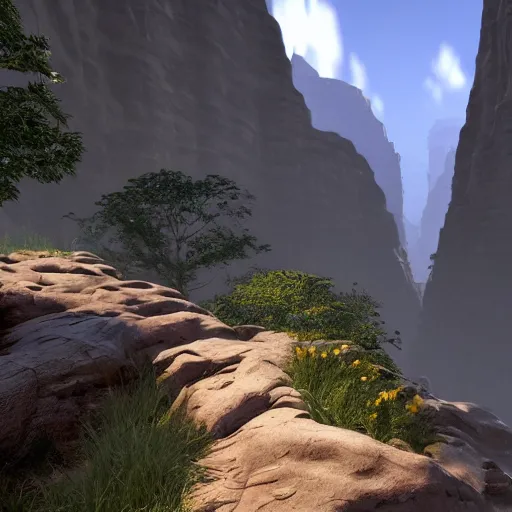 Image similar to pathway canyon in between mountains, unreal engine, high detail, realism, award winning, detailed lighting