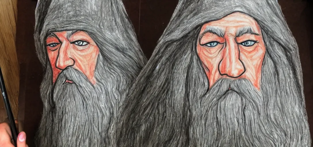 Image similar to Gandalf poorly drawn in wax crayon by a five-year old