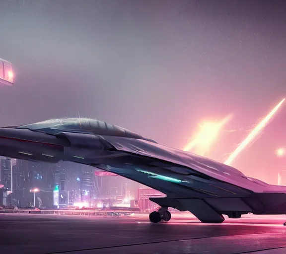 Prompt: futuristic sci fi fighter jet lands at runway of cyberpunk city, night photo ,dark cinematic lighting , digital concept art