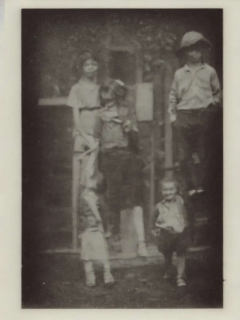 Image similar to a boy and a girl posing for a picture at night, rural area, town square, dimly lit, old polaroid