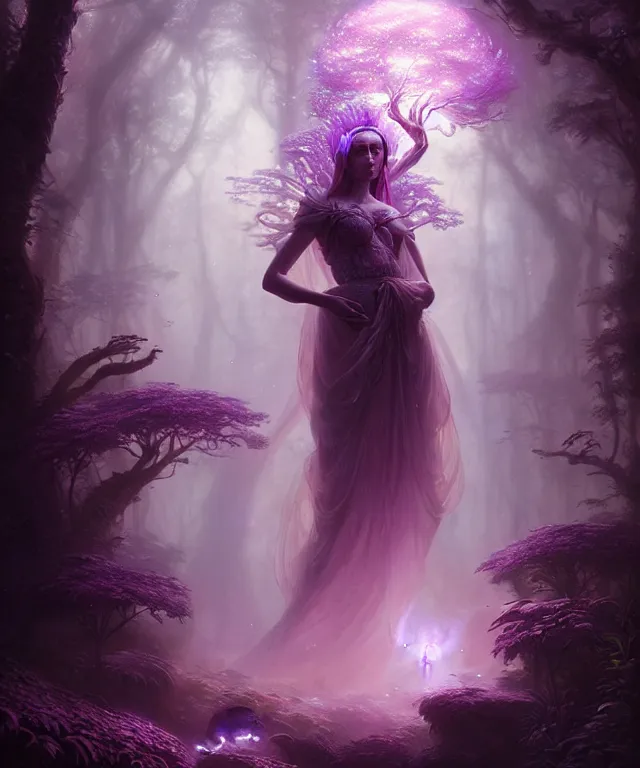 Prompt: ultra detailed, magical realism, portrait painting, of the beautiful empress within the enchanted glowing purple forest, volumetric lighting, depth of field, illusion, intricate details, by greg rutkowski, peter mohrbacher and peter coulson