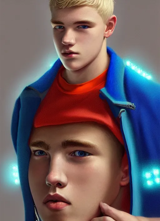 Image similar to portrait of high school senior boy named big moose, blonde short hair, jock, beefy, wide face, square jaw, square facial structure, blue varsity jacket with his name, intricate, elegant, glowing lights, highly detailed, digital painting, artstation, concept art, sharp focus, illustration, art by wlop, mars ravelo and greg rutkowski