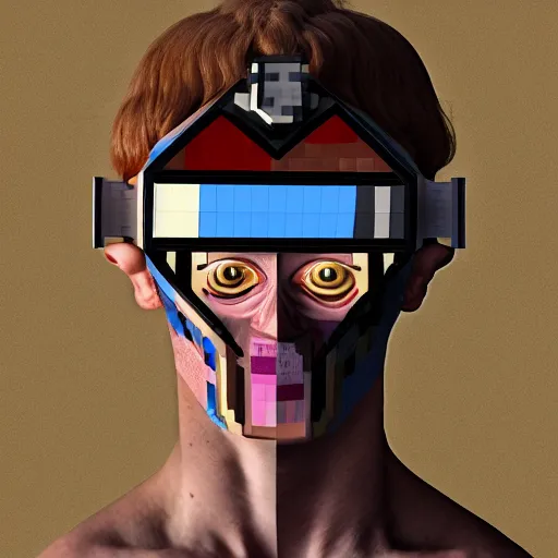 Image similar to Colour Caravaggio and Minecraft style Photography of Highly detailed Man with 1000 years old perfect face with reflecting glowing skin wearing highly detailed sci-fi VR headset designed by Josan Gonzalez. Many details . In style of Josan Gonzalez and Mike Winkelmann and andgreg rutkowski and alphonse muchaand and Caspar David Friedrich and Stephen Hickman and James Gurney and Hiromasa Ogura. Rendered in Blender and Octane Render volumetric natural light
