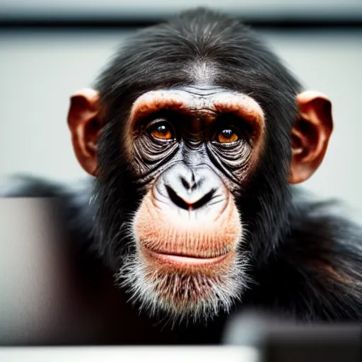 Prompt: photo of a chimp sitting at a computer smashing the keyboard, 4k