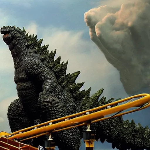 Prompt: Godzilla riding a roller coaster