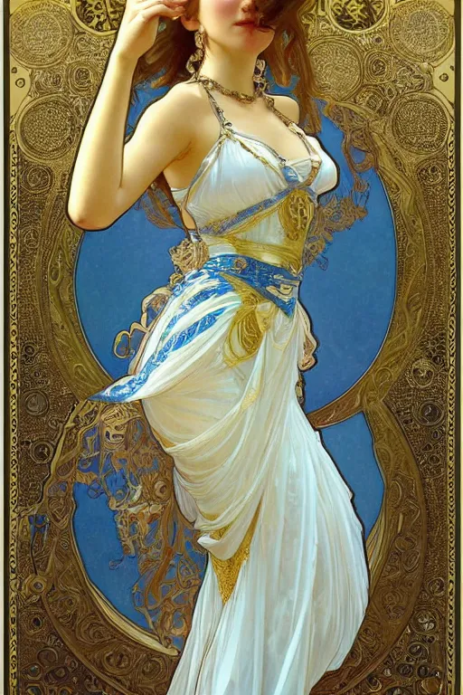 Image similar to portrait of a girl wearing an ornate gold and white dress, full body shot, highly detailed fantasy artstation artgerm alphonz mucha