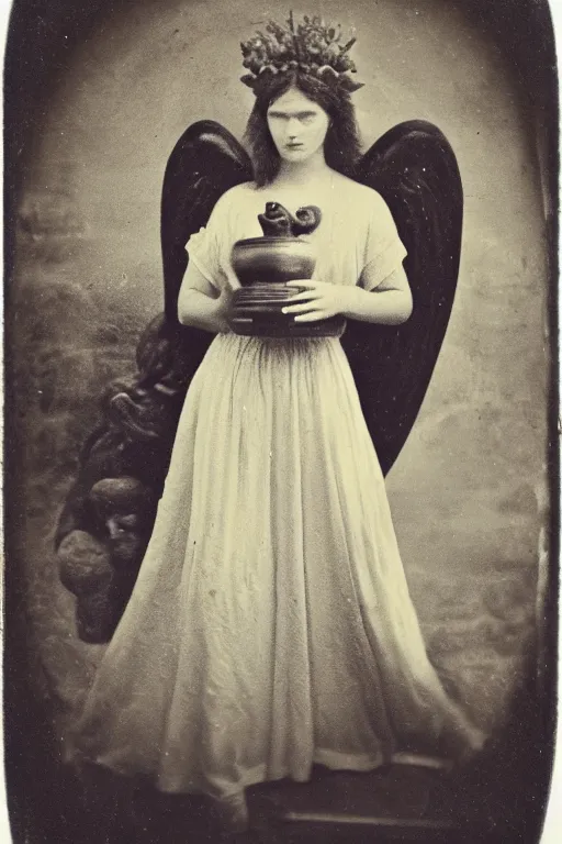 Image similar to a daguerreotype depicting an ancient martian stygian evil obsidian statue of thomasin mckenzie as the goddess persephone