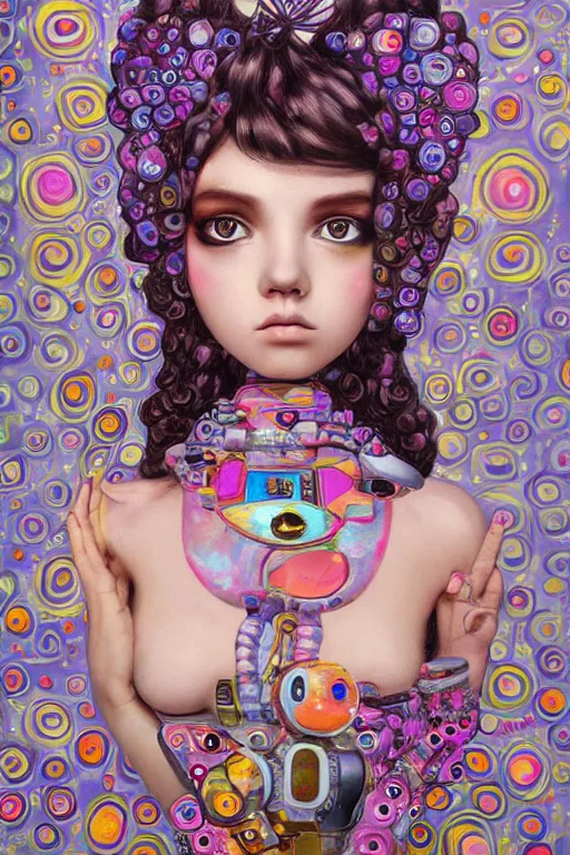 Image similar to pop surrealism, lowbrow cute girl painting, hyper realism, robotic girl, klimt style