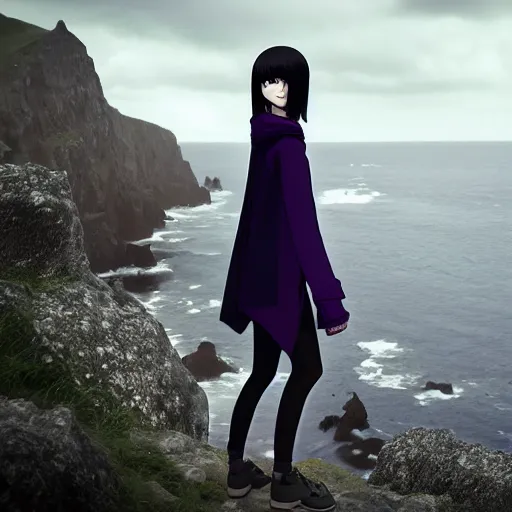 Image similar to 1 7 - year - old pale - skinned persian girl with black long bob cut, black gothic jacket, purple eyes, psychic girl, standing on cliff along the irish coast, overcast gray skies, anime, anime hd, octane render