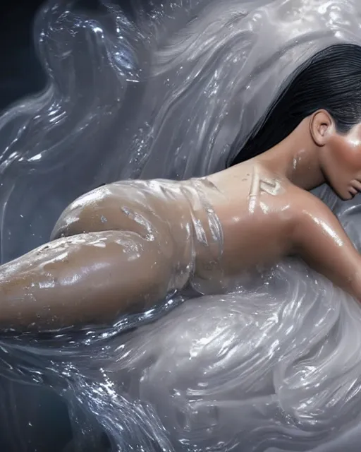 Image similar to epic full - body - shot still of kim kardashian unconscious in a transparent alien liquid, wet flowing hair, gooey skin, illustration, unreal engine 5, 8 k, made by h. r. giger.