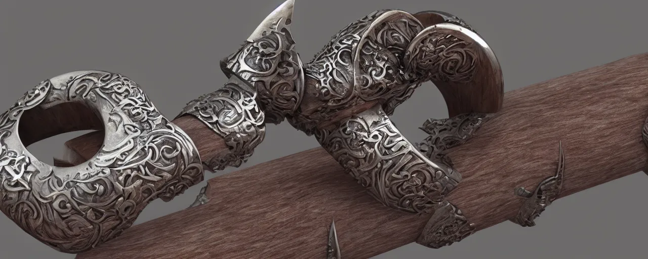 Prompt: wooden ring with a sword ornament, ring, wood, steel, sword, smooth shank, engravings, product design, jewelry, art by gerald brom, greg rutkowski and artgerm and james jean and zdzisław beksinski, 8 k, unreal engine, c 4 d