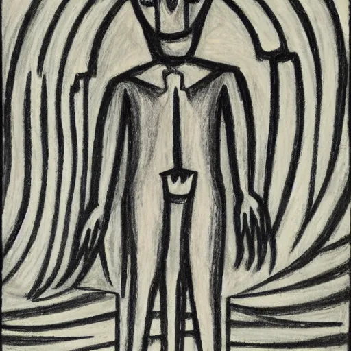 Image similar to unified by erich heckel. a beautiful drawing of a human - like creature with long, stringy hair. the figure has no eyes, only a mouth with long, sharp teeth. the creature is standing on a cliff overlooking a dark, foreboding sea.