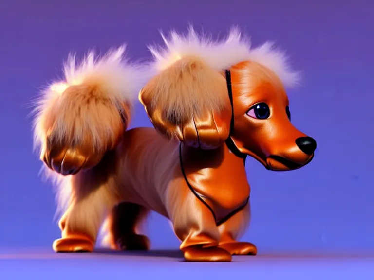 Image similar to high quality 3 d render hyperrealist very cute fluffy smooth dachshund plush mascot, long spiky fluffy hair, photo from the side, multi pastel colors, vray, smooth background, artstation, ultra detailed