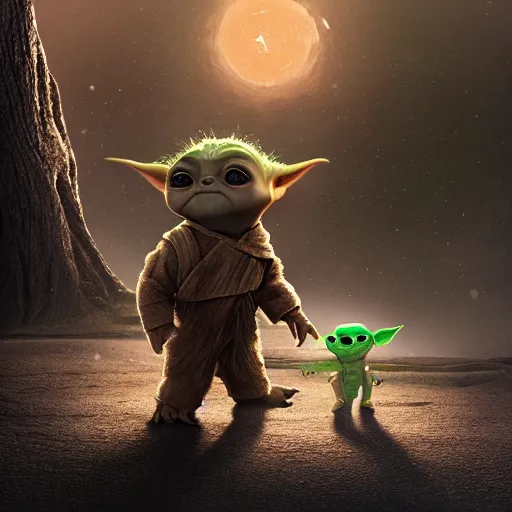 Prompt: babyyoda ( 2 0 2 1 ) is walking to a spaceship. he is walking next to babygroot ( 2 0 1 7 ). they are friends. photorealistic, digital art, epic fantasy, dramatic lighting, cinematic, extremely high detail, cinematic lighting, trending, artstation, cgsociety, 3 d ue 5, 4 k, hq