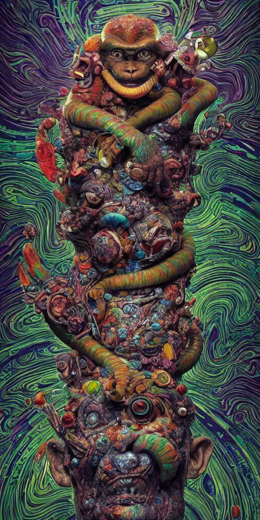 Prompt: a side view of a surreal portrait statue of a monkey as a psychedelic neural tiki reptile stone god by naoto hattori, android jones, and chris dyer, deep bold colors, galactic dmt entity, depth of field, intricate beautiful painting, billions of details, octane render, portal, 8 k, detailed vector, trending on artstation, cgisociety