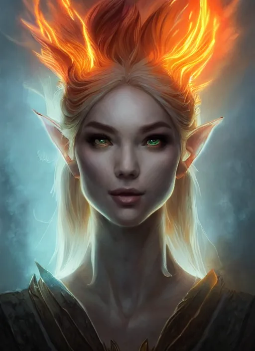 Image similar to a portrait fantastical glowing elf made of fire illustrated by artgerm and greg rutkowski