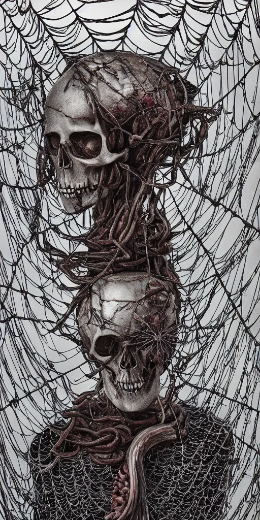 Prompt: a photorealistic giant skull wrapped in intestines, swarming with insects, in a giant spiderweb, ominous stormclouds, heavy rain and lightning, guro art, body horror, art by Shintaro Kago, 4K, cinematic, surreal LUT, epic lighting, photography, UHD, HDR