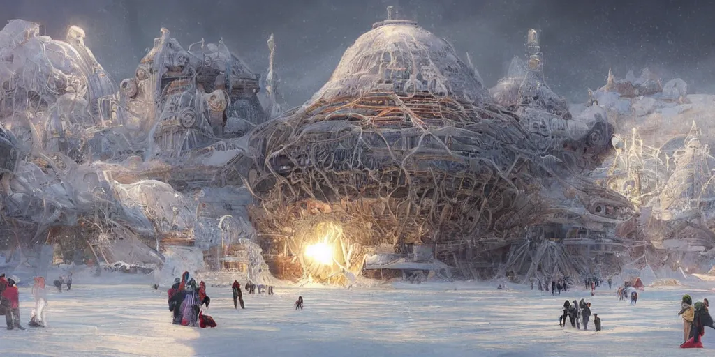 Prompt: North pole, snow, Gargantuan Mothership landing on ice, lasers attack on people and laboratories, wide angle, professional kodak lenses, magic, fire, face painting, dramatic lighting, intricate, wild, highly detailed, digital painting, artstation, concept art, smooth, sharp focus, illustration, art by artgerm and greg rutkowski and alphonse mucha, footage from space camera