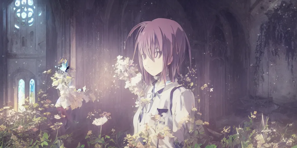 Image similar to anime kyoto animation key by greg rutkowski night, single white hair girl in abandoned chapel with overgrown flowers and plants