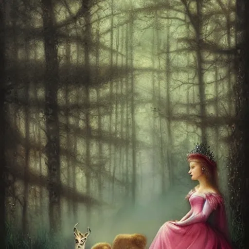 Prompt: A beautiful street art of Princess Aurora singing in the woods while surrounded by animals. She looks so peaceful and content in the company of the animals, and the colors are simply gorgeous. flash photography by Brian Mashburn, by Arnold Böcklin