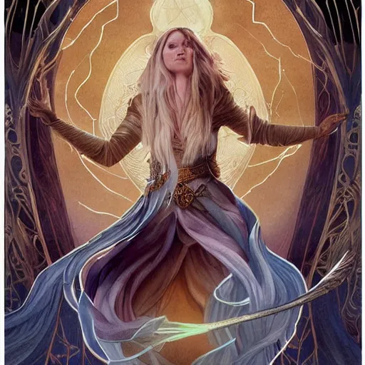 Prompt: a detailed tarot card of a human wizard casting a spell, female, auburn hair with blonde highlights, crackling blue lightning, fantasy, d & d, intricate, elegant, highly detailed, digital painting, artstation, concept art, matte, sharp focus, illustration, in the style of magic the gathering, art by artgerm and greg rutkowski and alphonse mucha