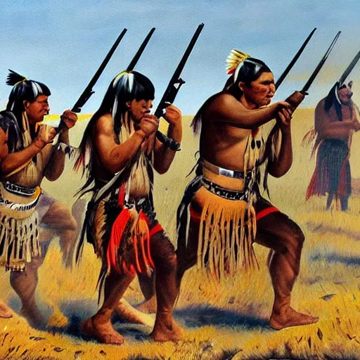 Prompt: painting of native americans using guns to fight the americans