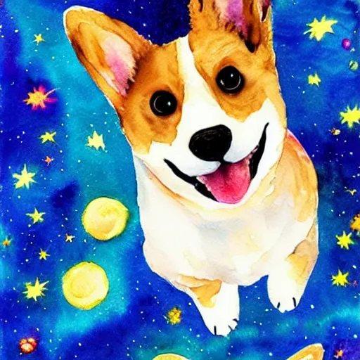 Prompt: watercolor painting of a corgi puppy floating in outer space, stars, sparkling, beautiful, cosmic, intense