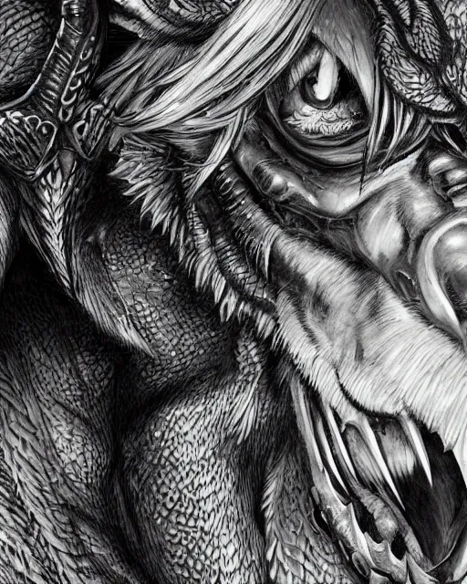 Image similar to A minotaur wolf, black and white, epic, highly detailed face, close-up, fantasy art, dragon art, in the style of masami kurumada, illustration, epic, fantasy, intricate, hyper detailed, artstation, concept art, smooth, sharp focus, ray tracing